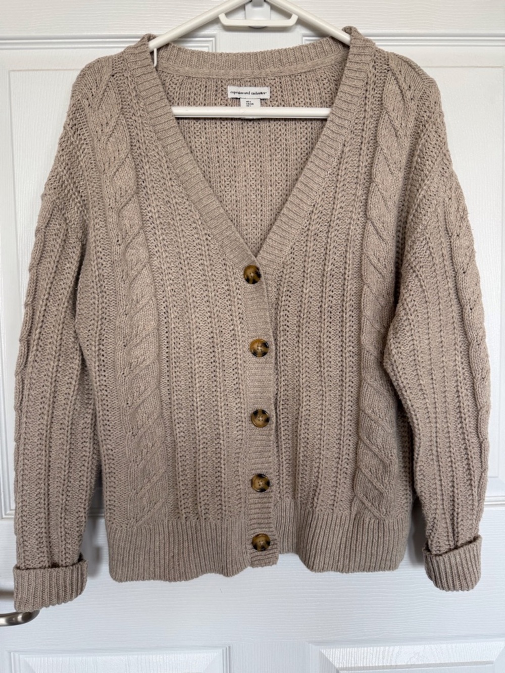 cupcakes & cashmere taupe cable knit button-front cardigan cotton blend L